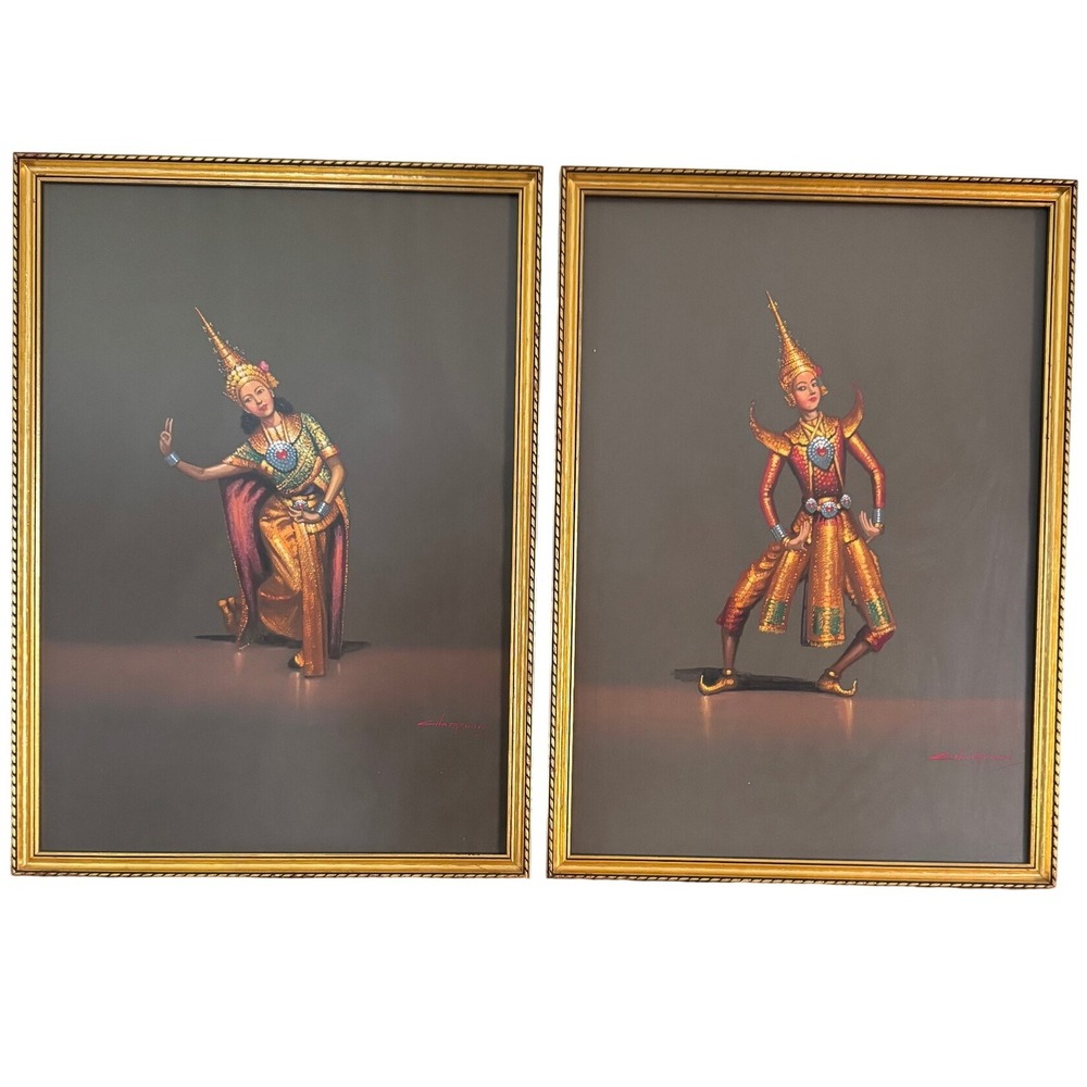 Vintage Chareon Thai Khon Dancer Painting Pair Signed Framed Gold Mid Century